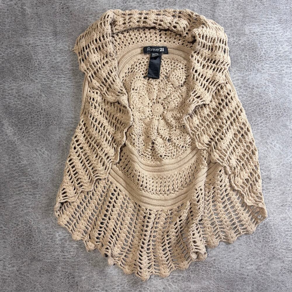 Beige Crochet Sleeveless Drape Cardigan